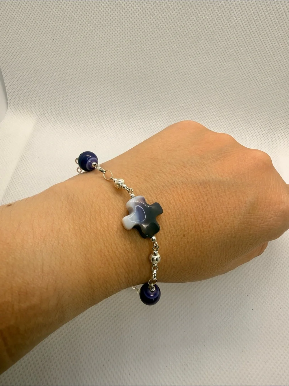925 Sterling Silver Bracelet with Purple and Blue Beads and Cross Charm